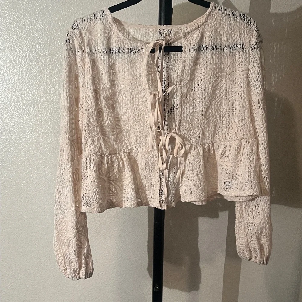 SHEIN Cream Lace Peplum Blouse with Back Ties